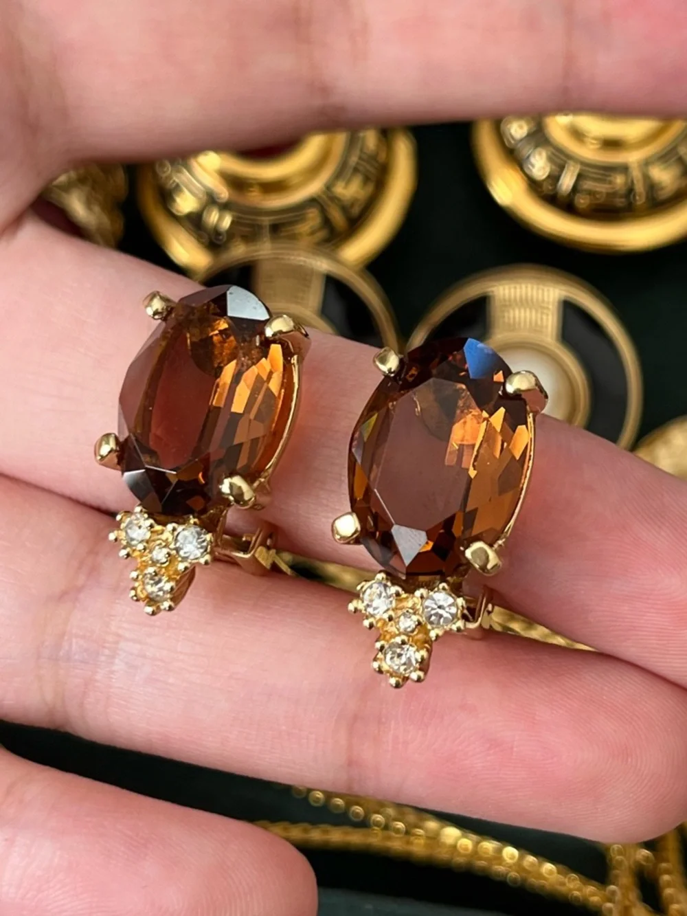 Authentic Vintage Dior Oval Brown Glass Stone Crystal Prong Gold Clip Earrings